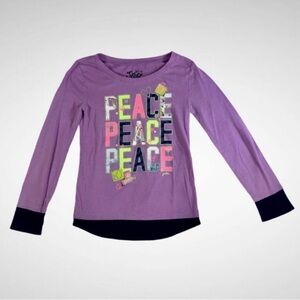 Justice Long Sleeve Top Purple Shirt “Peace Peace Peace” Girl’s Size 6!